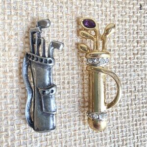 Golf bag brooches pins in goldtone with rhinestones and pewtertone metal set two